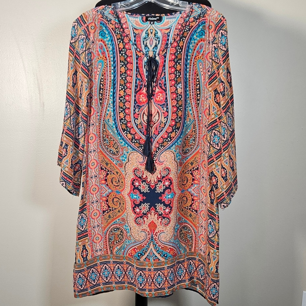 Tolani Silk Boho Print Tunic Cover Up Mini Dress Boho Festival beach summer  M